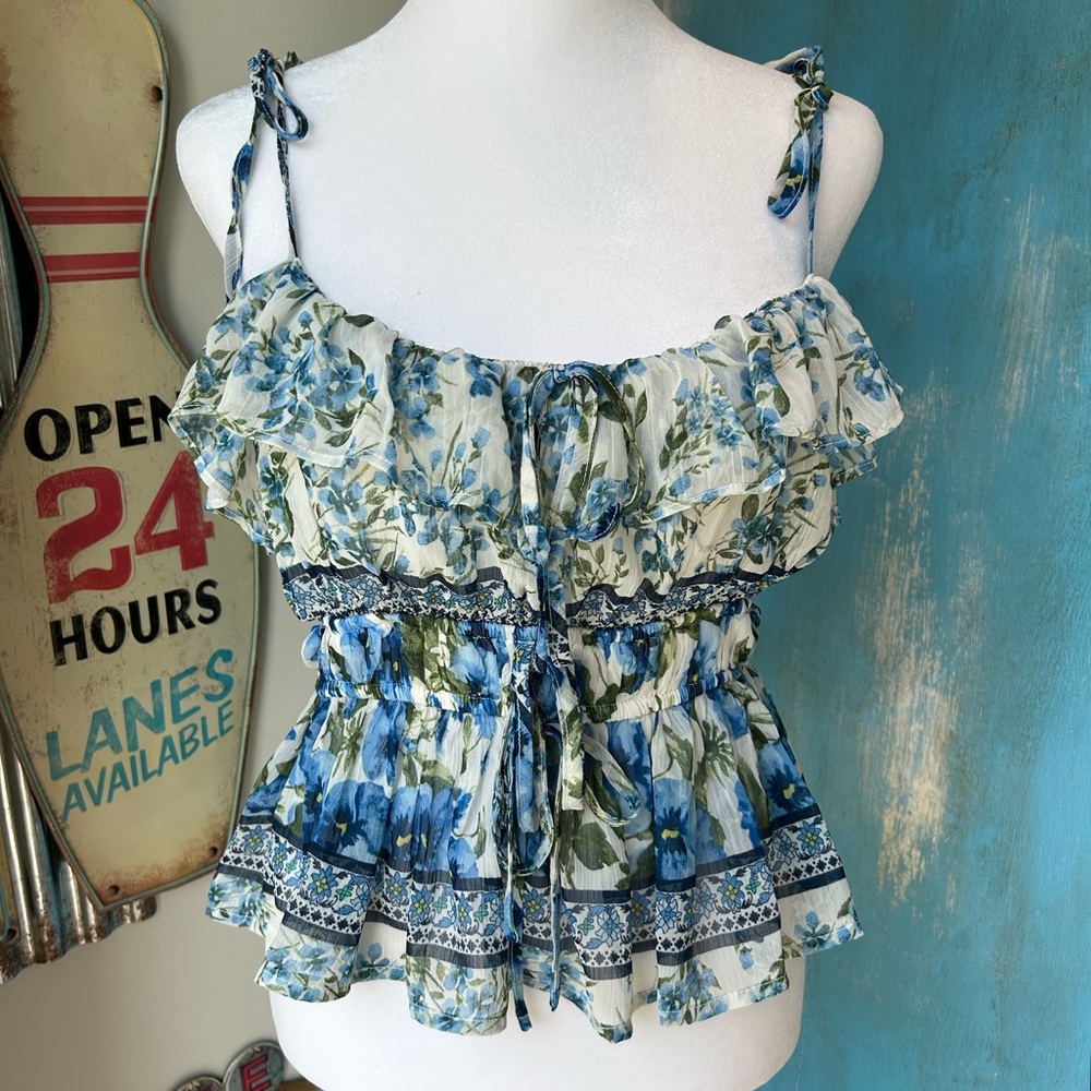 Moon River Floral Tiered Ruffle Tank Top Romantic Flirty Garden Party Fairy Boho